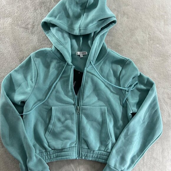 Fashion Nova Crop tops Sweater Size S Black / Blue  Front Pocket Zip up - Picture 4 of 9